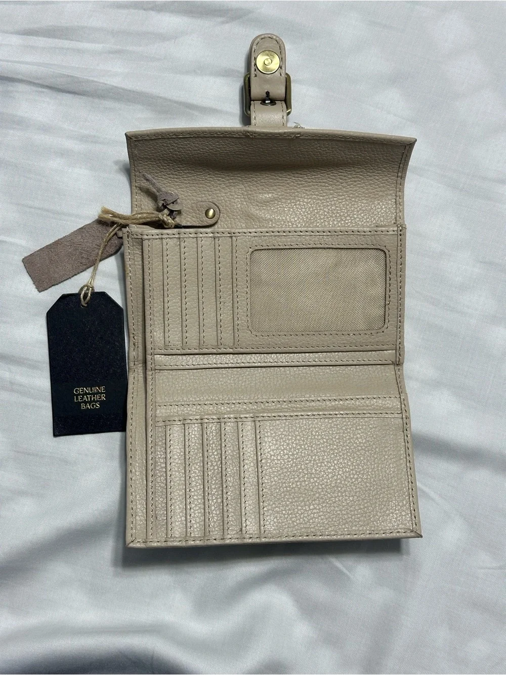 Genuine Leather Beige Women's Wallet with Buckle Detail